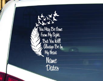 Custom Memorial Car Vinyl Decal, Personalized Sympathy Feather & Birds Design