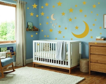 Neutral Star and Moon Nursery Decals, Removable Fabric Wall Stickers