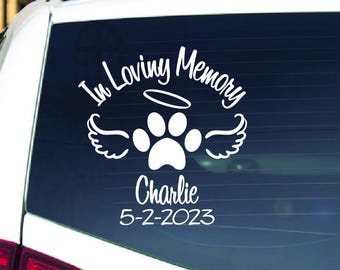 Personalized Pet Memorial Window Sticker, Angel Wings Paw Print Custom Sympathy Decal