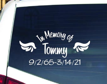 Personalized In Loving Memory Car Decal, Custom Memorial Angel Wing Sticker