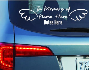 Personalized In Loving Memory Car Sticker – Angel Wings, Heart Accent, Remembrance