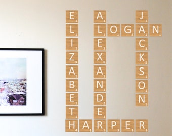 Large Wood Grain Scrabble Stickers: Removable Kids Playroom Family Name Sign