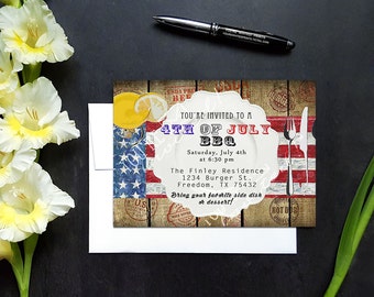 Backyard party invitation, BBQ cookout invitation, Flag cookout invite, Picnic invitation with envelopes, Printed Invitation