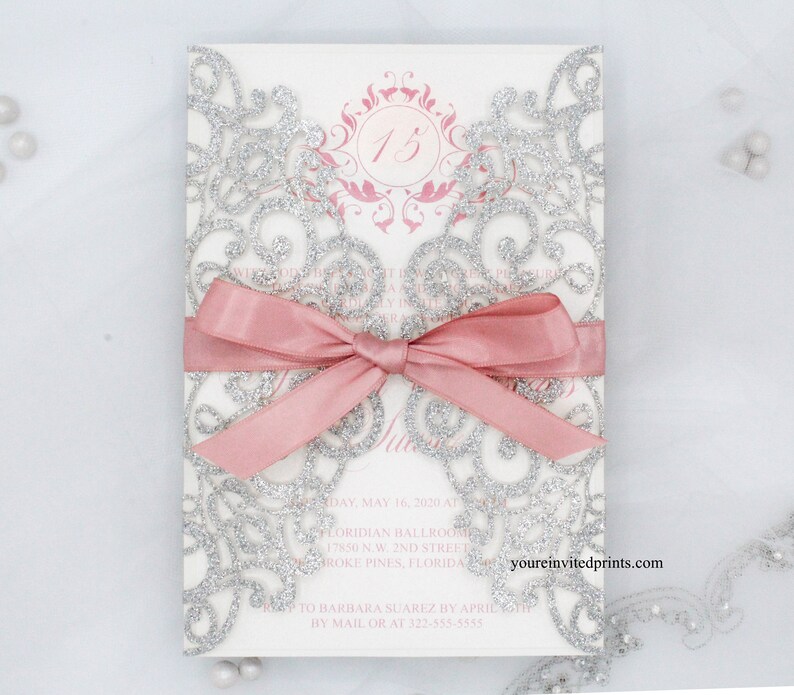 Silver Glitter Laser Cut Invitations Silver Glitter and Pink Etsy