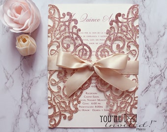 Rose Gold Glitter Laser Cut Invitations, Rose Gold Quinceañera Invitation, Unique Rose Gold Glitter Quinceañera Sweet 16 Invitation