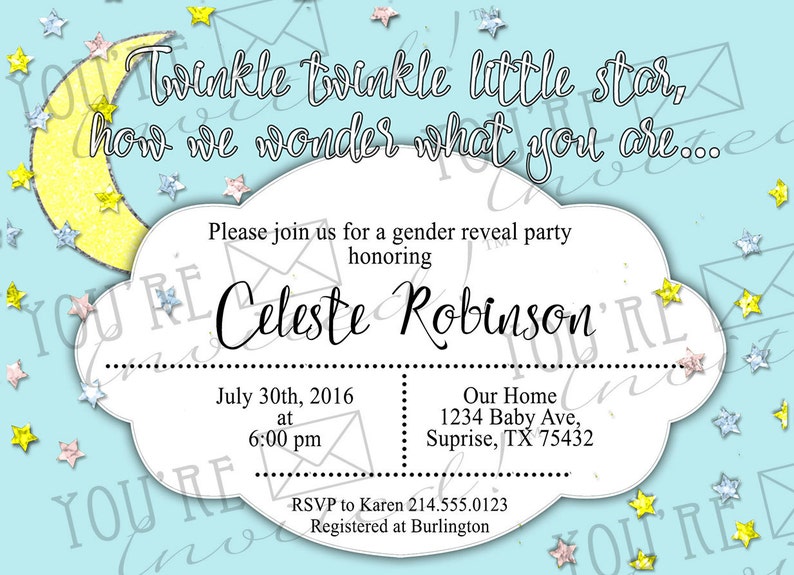 Boy or girl baby shower invitation with envelopes New baby Gender reveal invitation Printed Invitation Moon and stars baby shower invite