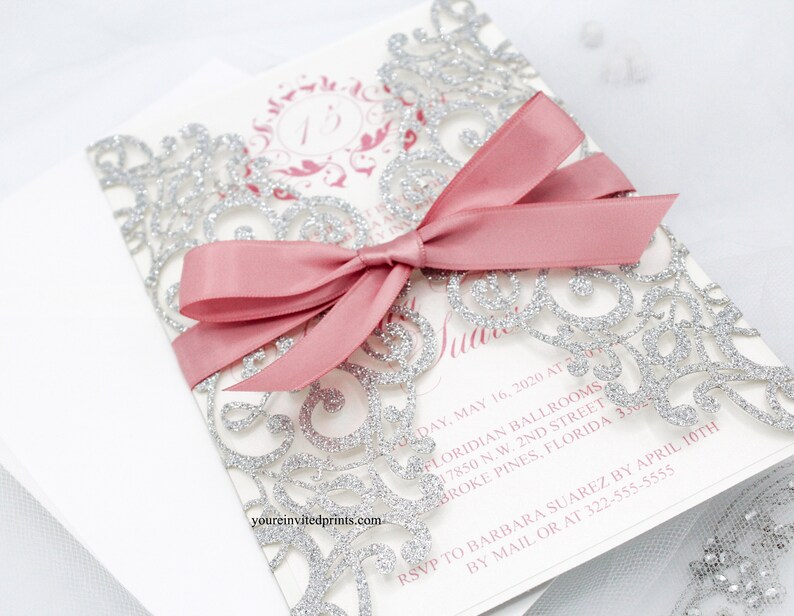 Silver Glitter Laser Cut Invitations Silver Glitter and Pink Etsy