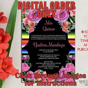 Digital Invitation Template - 5x7 Editable Invitation - Mexican Sarape Fiesta with Black Quinceañera Sweet Sixteen invitation, Printable DIY