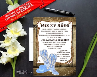Cowboy theme Quinceañera invitation, Cowboy theme Sweet 16 invitation, Western sweet 16 Cowboy invite with envelopes, Printed Invitation