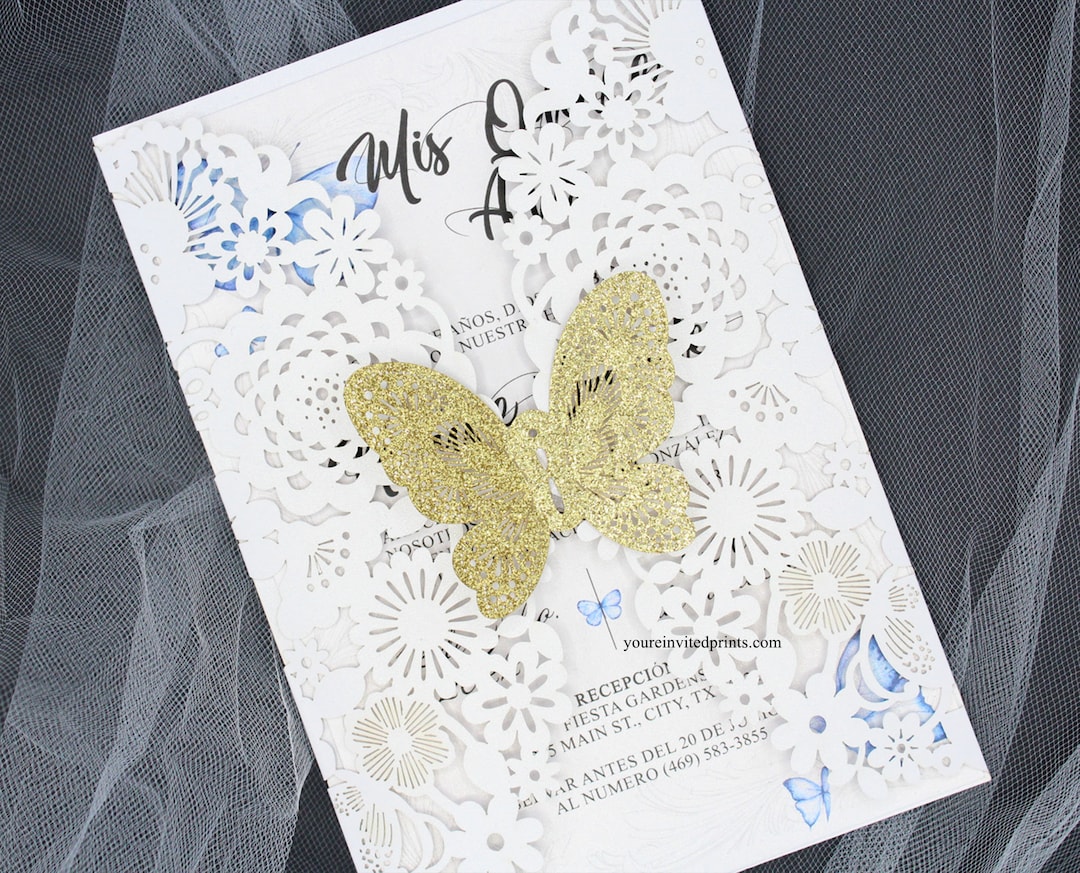 White and Gold Butterfly Laser Cut Invitation, Butterfly Theme Quinceañera  Invitation, Pretty Butterfly Quinceañera Sweet 16 Invitation - Etsy, image size:1080x873