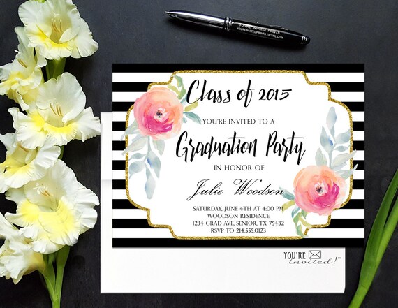 Chic Flower Graduation Invitation Striped Grad Invite | Etsy