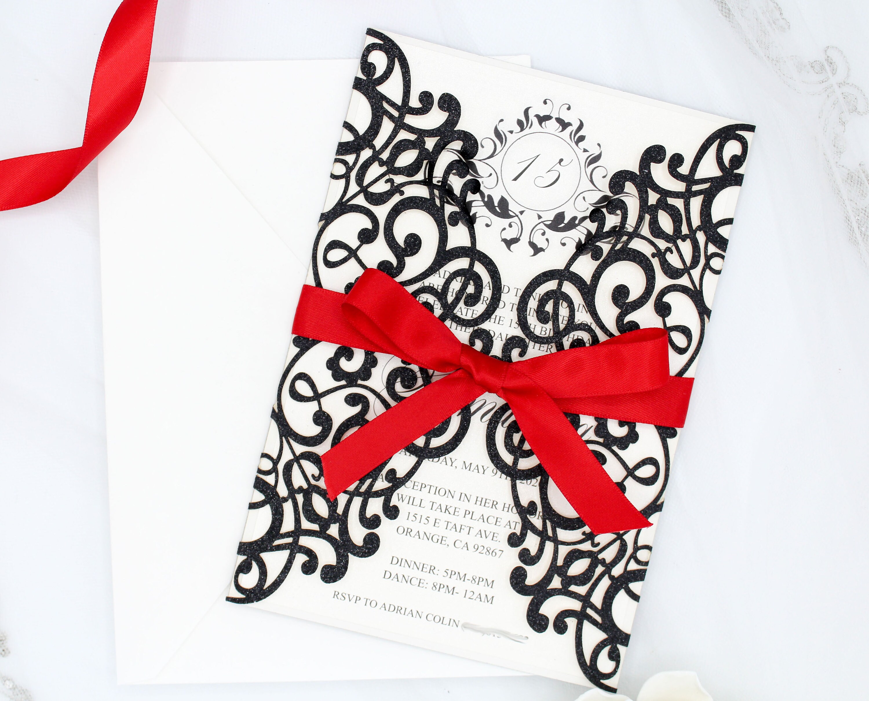 Humana Todo A 1 Euro 2021 Black Laser Cut Invitations Black and Red Ribbon Quinceañera - Etsy