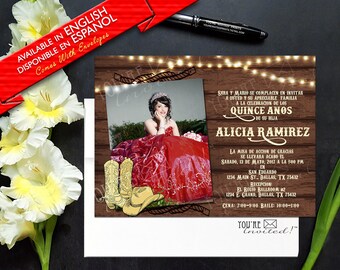 Western theme Quinceañera invitation, Cowboy theme Sweet 16 invitation, Country sweet 16 Cowboy invite with envelopes, Printed Invitation