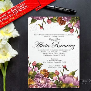 Floral Vintage xv invitation, Vintage flower Quinceañera invitation or Sweet Sixteen invitation with envelopes, Printed Invitation