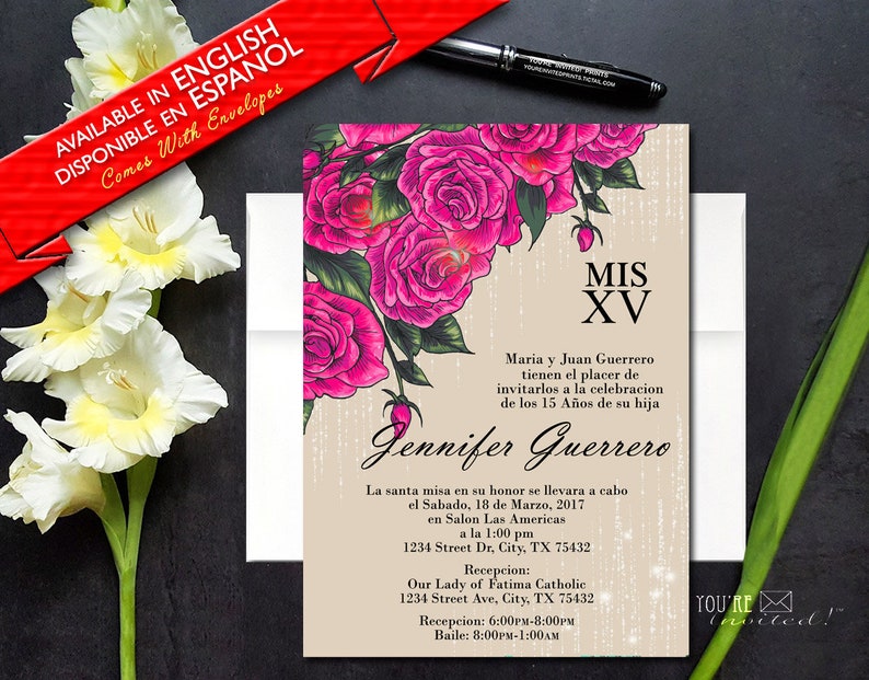 Printed Invitation Elegant Rose Quincea\u00f1era invitation or Sweet Sixteen invitation with envelopes Elegant Pink roses xv invitation