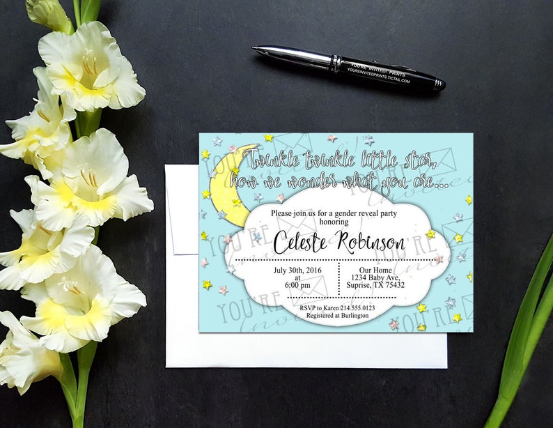 Boy or girl baby shower invitation with envelopes New baby Gender reveal invitation Printed Invitation Moon and stars baby shower invite
