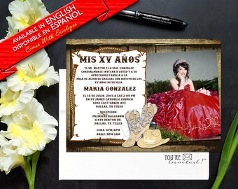 Cowboy theme Quinceañera invite with photo, Cowboy theme Sweet 16 invite, Western sweet 16 Cowboy invite with envelopes, Printed Invitation