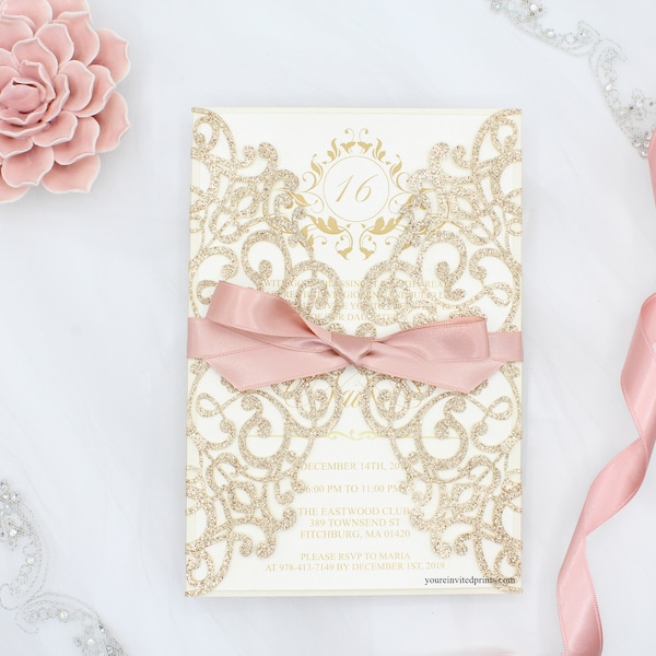 Champagne Gold Glitter Laser Cut Invitations with Pink Ribbon, Unique Gold Glitter Pink Ribbon Quinceañera Sweet 16 Invitation