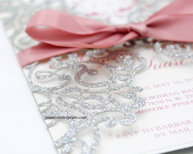 Silver Glitter Laser Cut Invitations Silver Glitter and Pink Etsy