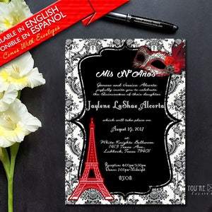 Paris Masquerade theme invitation, Elegant Eiffel Tower invite, Quinceañera invitation or Sweet Sixteen with envelopes, Printed Invitation