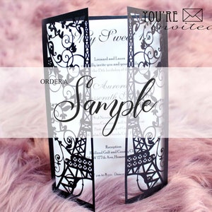 Order a Sample - Black Paris Eiffel Tower Laser Cut Invitation, Unique Laser Cut Sweet 16 Wedding Invitation
