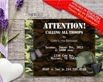 Camo invitation, Military themed invite, Camouflage birthday invitation with envelopes, Printed Invitation