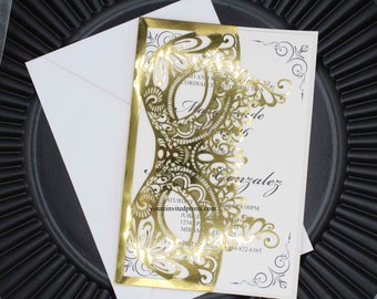 Gold Masquerade Mask Invitation: Laser Cut Quinceañera Invite
