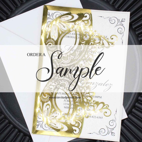 Order a Sample - Gold Masquerade Mask Laser Cut Invitation, Unique Laser Cut Glitter Sweet 16 Wedding Invitation