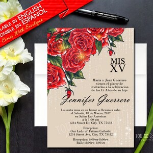 Elegant Red roses xv invitation, Elegant Rose Quinceañera invitation or Sweet Sixteen invitation with envelopes, Printed Invitation