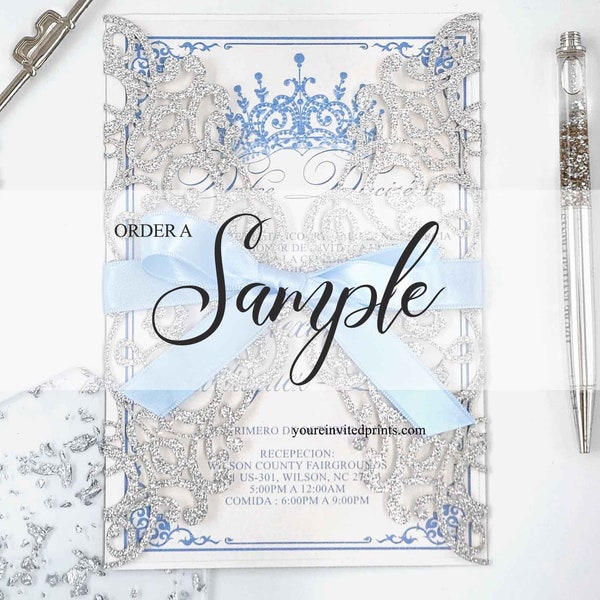 Order a Sample - Silver Glitter with Light Blue Ribbon Laser Cut Invitations, Silver and Light Blue Quinceañera Sweet 16 Invitation