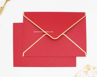 Red Shimmer Envelopes with Gold Foil Border, Elegant Envelopes 5.3 x 7.6 in