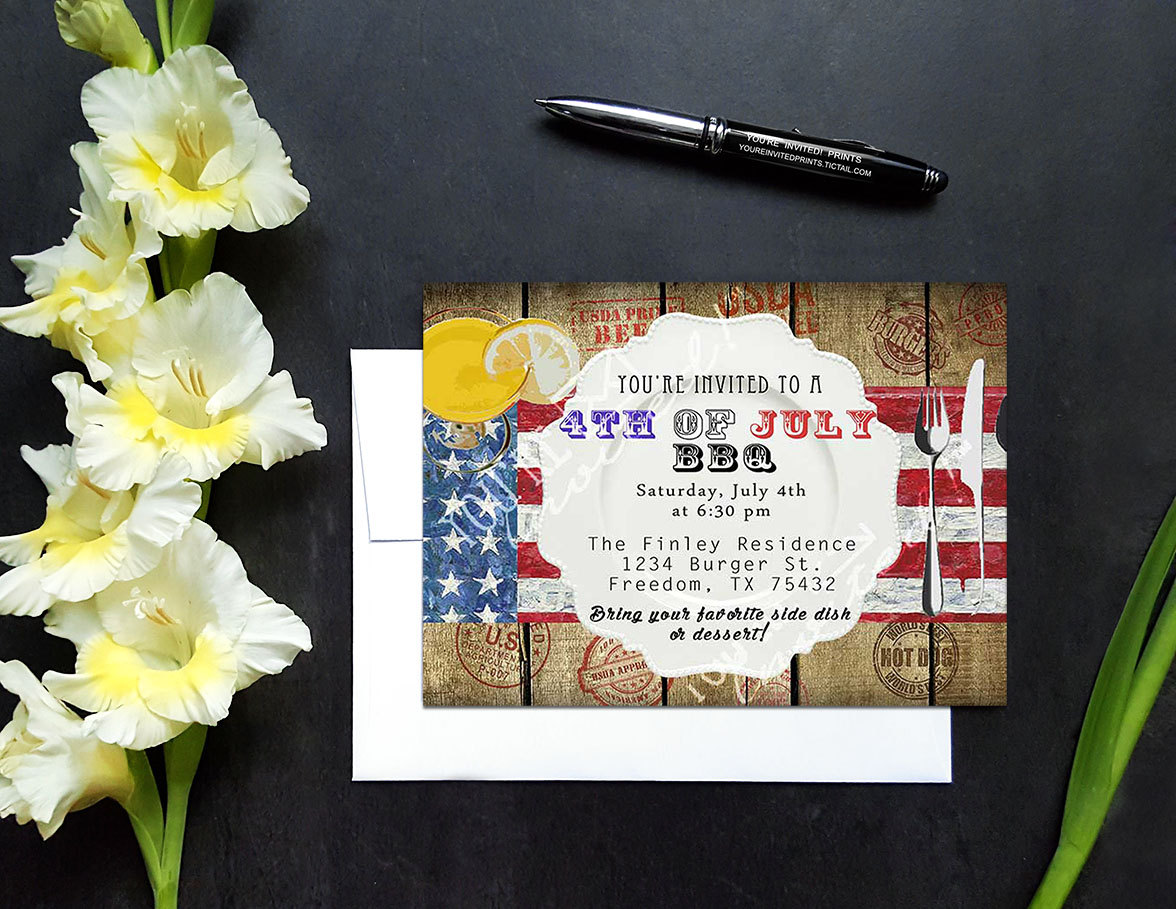 Backyard Party Invitation, BBQ Cookout Invitation, Flag Cookout Invite,  Picnic Invitation With Envelopes, Printed Invitation 