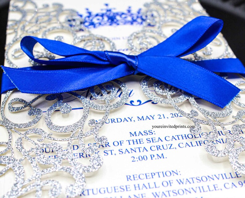 Silver Glitter Laser Cut Invitations Silver Royal Blue Etsy