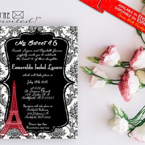 Paris Eiffel Tower theme invitation, Elegant Eiffel Tower invite, Quinceañera invitation or Sweet Sixteen with envelopes, Printed Invitation