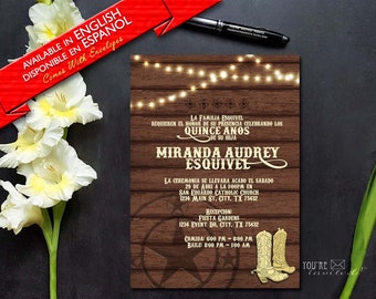Western theme Quinceañera invitation, Cowboy theme Sweet 16 invitation, Country sweet 16 Cowboy invite with envelopes, Printed Invitation