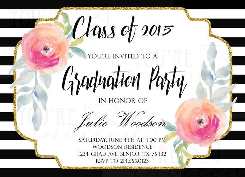 Chic Flower Graduation Invitation Striped Grad Invite Etsy