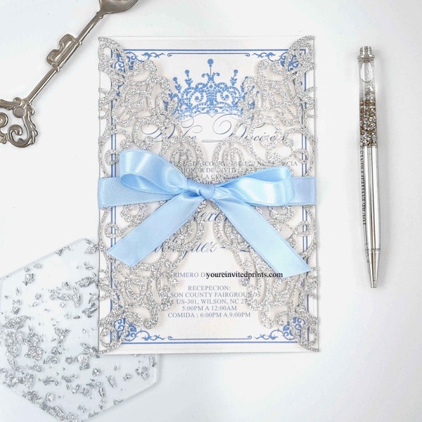 Silver Glitter Light Blue Ribbon Laser Cut Invitation, Silver Quinceañera Invite Light Blue Ribbon, Unique Silver Sweet 16 Invitation