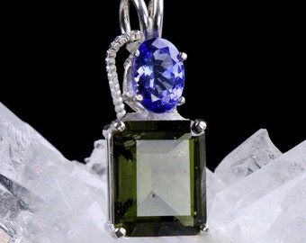 Exquisite Moldavite & Tanzanite Crystal Gemstone Pendant