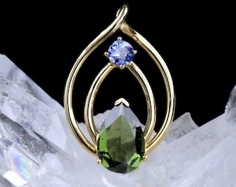 Moldavite Tanzanite Crystal Pendant 14k Gold