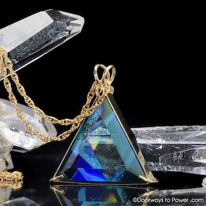 Prachtige Aqua Aura Quartz Davidster Vogel Kristallen Driehoek Hanger Ketting 14k Goud A+++