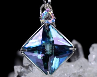 Aqua Aura Quartz Crystal Necklace Magician Stone Pendant with  Mystic Topaz A+++