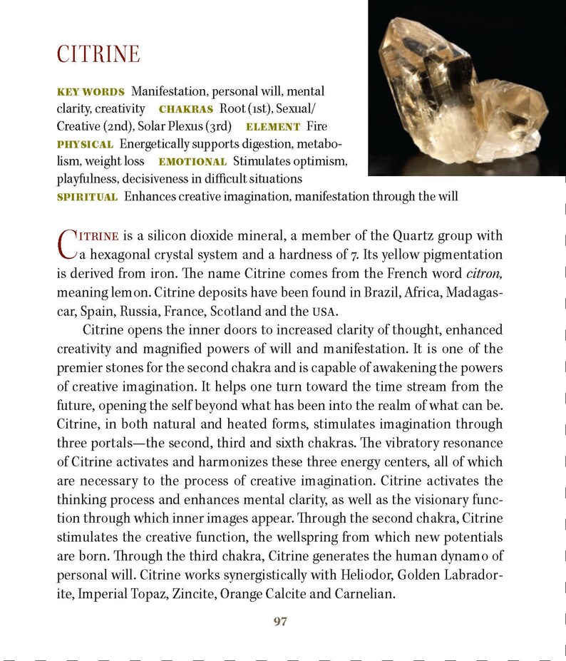 May include: A close-up of a citrine crystal, a yellow gemstone known for its clarity and ability to enhance creativity. The text "CITRINE" is visible at the top of the image.