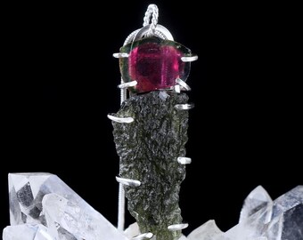 Watermelon Tourmaline Moldavite Tektite Crystal Pendant 925 Sterling Silver