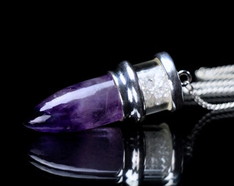 Amethyst Quartz & Herkimer Diamonds Crystal Pendulum Dowsing  .925 Sterling Silver