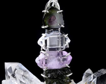 Watermelon Tourmaline Herkimer Diamond Pink Kunzite Moldavite Tektite Pendant .925 SS