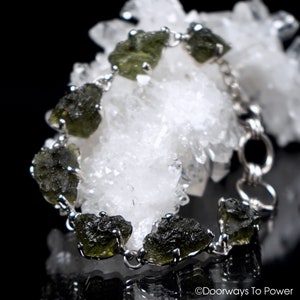 Moldavite Tektite Synergy 12 Crystal Gemstone Bracelet .925 SS Natural & Authentic High Vibration Energy Bracelet