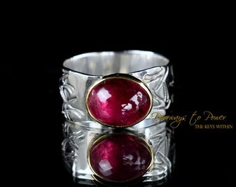 Magical Red Ruby Crystal Ring Sterling Silver & 22k Gold