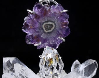 Amethyst Stalactite Flower Herkimer Diamond Pendant .925 SS  'Purity & Power'