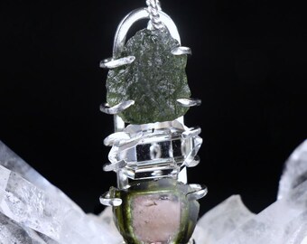 Moldavite Herkimer Diamond Watermelon Tourmaline Pendant SS