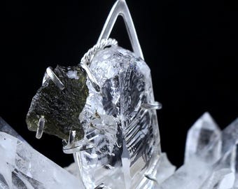 Moldavite Tektite Satyaloka Azeztulite Quartz Crystal Pendant 925 Sterling Silver A+++